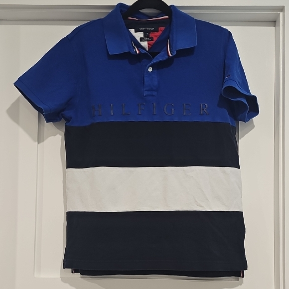 Tommy Hilfiger Vintage 90's Blue, Black, And White Polo Shirt Big Font - Picture 1 of 7